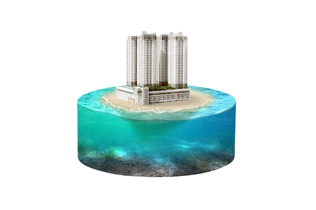 Vista submarina de agua azul en el océano con la pequeña isla con un edificio moderno. Concepto de medio ambiente