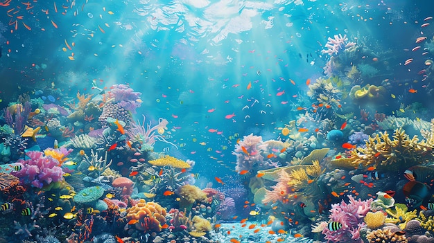 Vista submarina de un arrecife de coral con muchos peces coloridos nadando a su alrededor