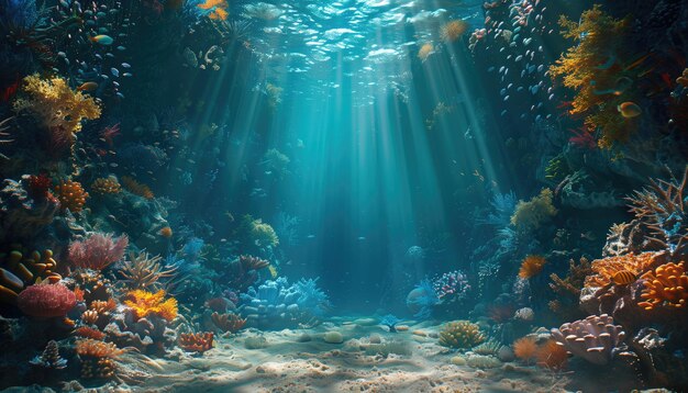 Foto vista submarina del arrecife de coral con peces y rayos de luz papel tapiz espacio de copia de pancarta