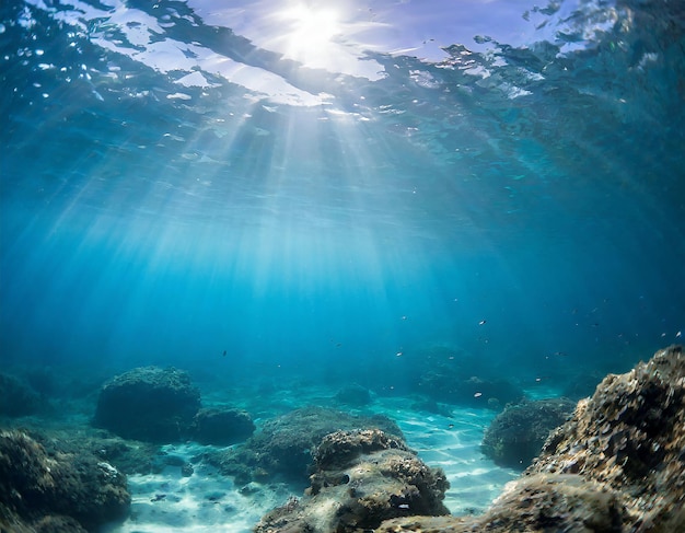 Vista submarina del arrecife de coral con peces y rayos de luz solar