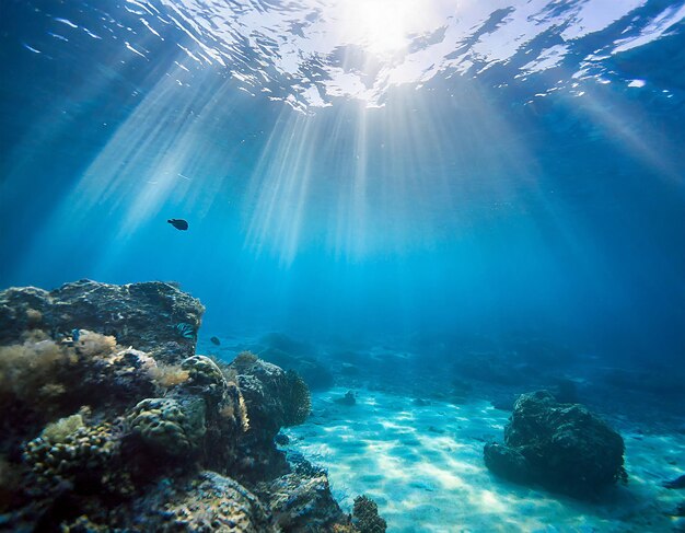 Vista submarina del arrecife de coral con peces y rayos de luz solar