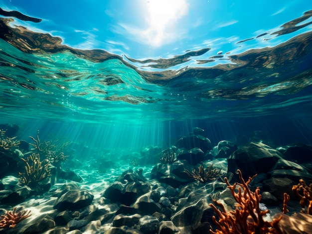 Vista submarina del arrecife de coral con peces y rayos de sol IA generativa