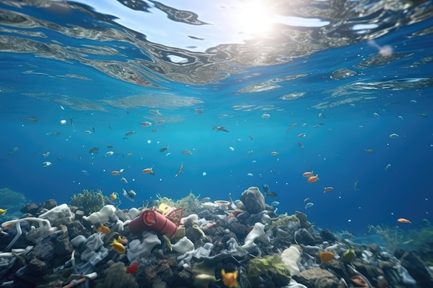 Vista submarina de un arrecife de coral tropical con muchos peces y basura de plástico Deshechos de plástico en el mar Concepto de contaminación ambiental Renderizado en 3D Generado por IA