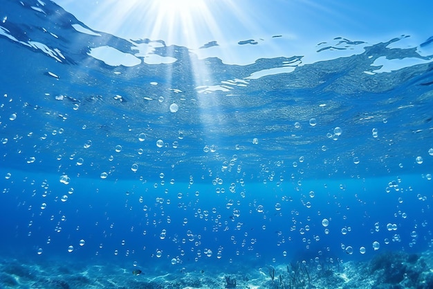 Vista submarina de arrecifes de coral y agua azul con rayos de sol