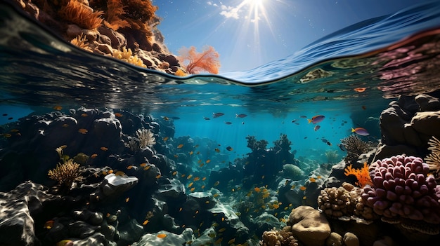 Vista submarina de arrecifes de coral y peces tropicales en el océano azul