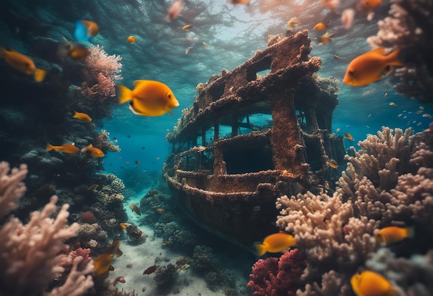 Vista submarina de un barco hundido en el mar