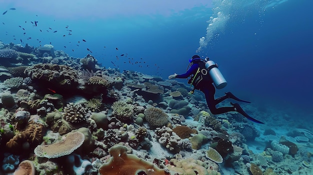 Vista submarina de un buzo explorando un arrecife de coral El buzo está rodeado de coloridos peces y corales