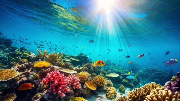 Vista submarina de un colorido arrecife de coral marino con peces Ecosistema oceánico IA generativa