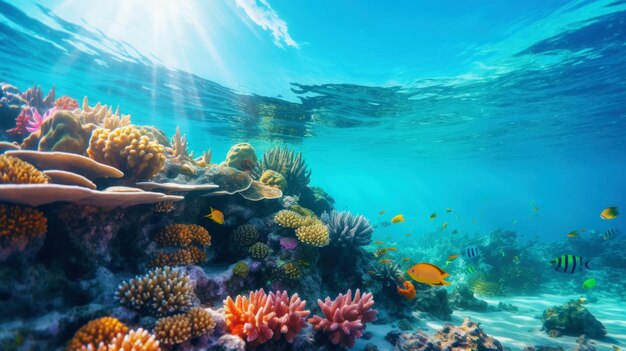 Vista submarina de un colorido arrecife de coral marino con peces Ecosistema oceánico IA generativa