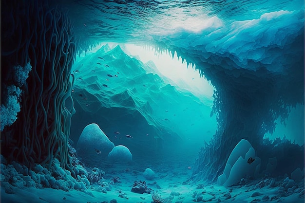 Una vista submarina de una cueva con un fondo azul y un pez nadando en el fondo.