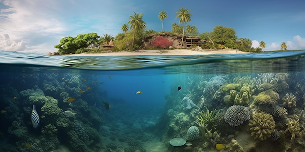 Vista submarina de isla tropical con arrecife de coral y playa de arena con IA generada