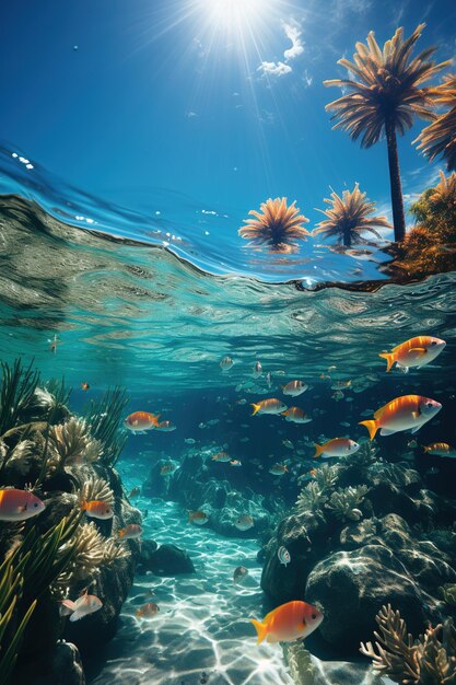 Una vista submarina de una isla tropical con palmeras y peces en el agua Panorama