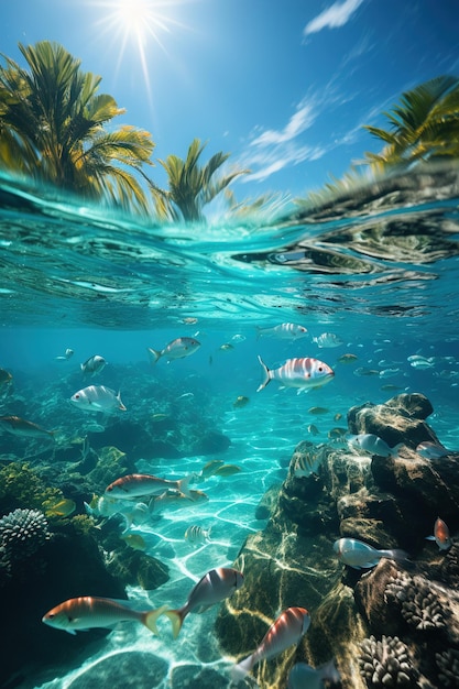 Una vista submarina de una isla tropical con palmeras y peces en el agua Panorama