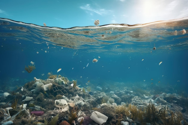 Vista submarina de un lecho marino con basura y botellas de plástico Vista submarina de una pila de basura en el océano Renderización 3D AI Generado