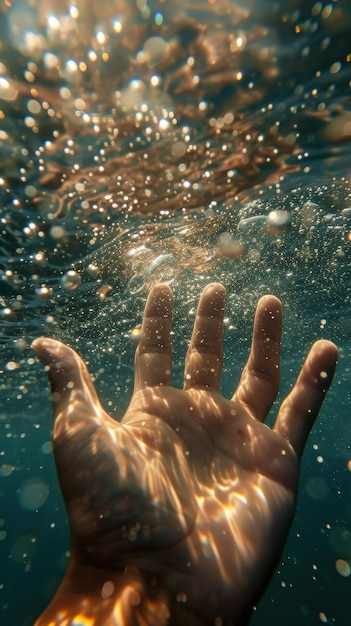 Foto vista submarina de una mano que se acerca a la luz