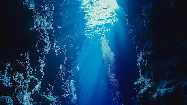 Vista submarina del mar azul profundo con rayos de sol y rayos sumergirse en una zanja en el mar