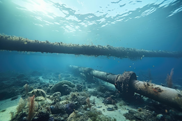 Foto vista submarina de los oleoductos que destacan los riesgos climáticos y la contaminación