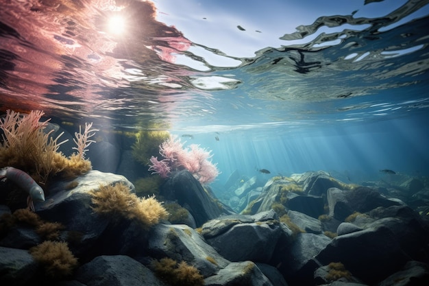 Una vista submarina de las rocas y las algas