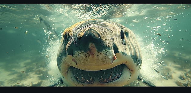 Foto vista submarina de una tortuga marina nadando hacia la cámara con la luz solar filtrándose a través del agua