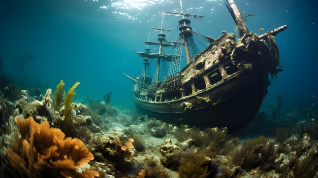 Vista submarina de un viejo barco hundido en el fondo marino Barco pirata y arrecife de coral en el océano