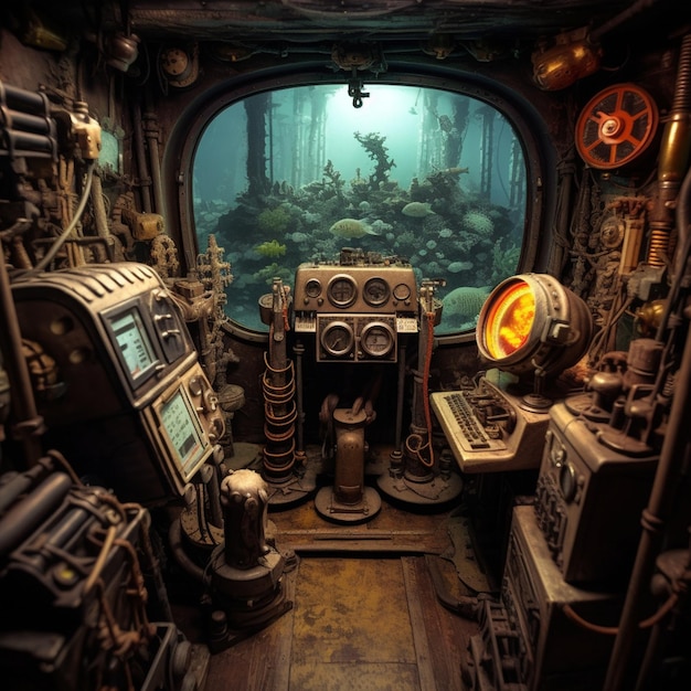 Foto una vista de un submarino desde el interior de un submarino con un pez nadando en el agua.
