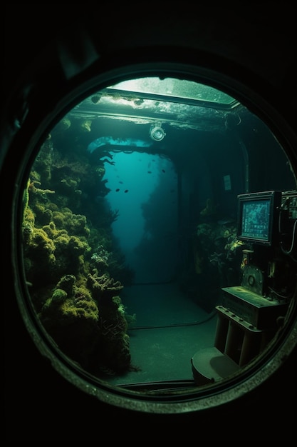 Foto vista sumergida del mar submarino desde la cápsula de control del submarino