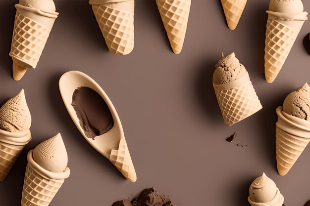 Foto vista superior 3d de oito sorvetes de chocolate isolados em fundo colorido
