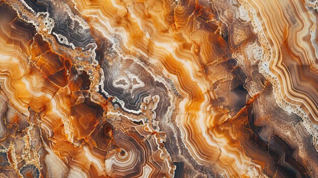 Vista superior abstracta de la piedra de ónix marrón con líneas plateadas