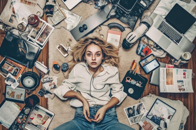 Una vista superior de una adolescente escandinava tendida en el suelo con muchos dispositivos electrónicos AI generativo AIG30