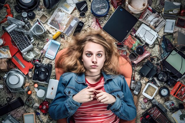 Una vista superior de una adolescente escandinava tendida en el suelo con muchos dispositivos electrónicos AI generativo AIG30
