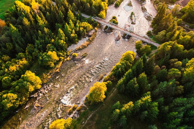 Vista superior aérea de árboles verdes de otoño en el bosque en Eslovaquia Fotografía de drones Ecosistema de la selva tropical y concepto de entorno saludable Río de montaña xDxA