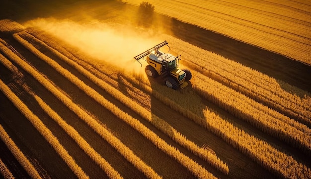 Vista superior aérea del campo de trigo de oro de las tierras de cultivo en la mañana con el brillo de la luz del sol Ai generativo