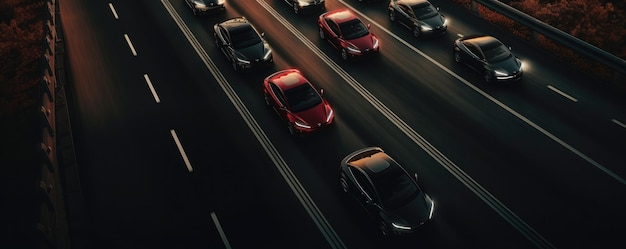 Vista superior aérea do drone na rodovia noturna com panorama de carros Generative Ai