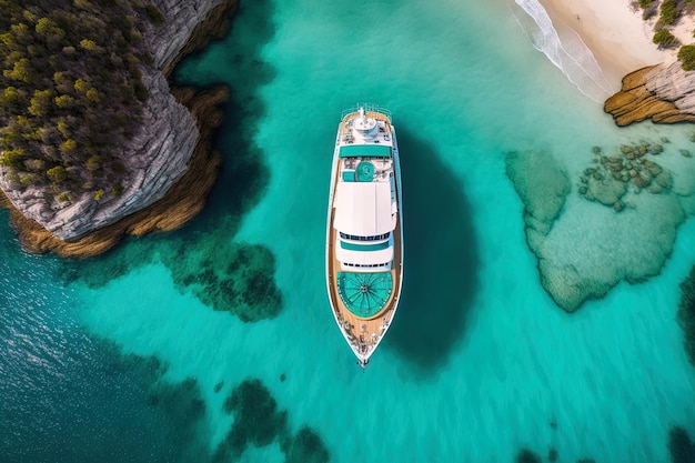 Vista superior aérea do drone Tiro de grande angular de um barco de luxo ancorado ao lado de uma deslumbrante praia turquesa