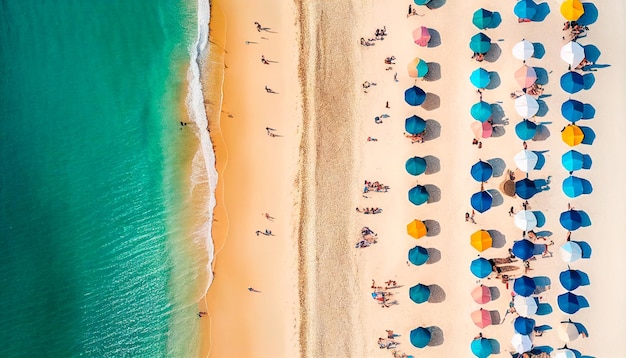 Vista superior aérea de la multitud de personas relajándose en la playa con sombrillas de colores y mar turquesa generativo