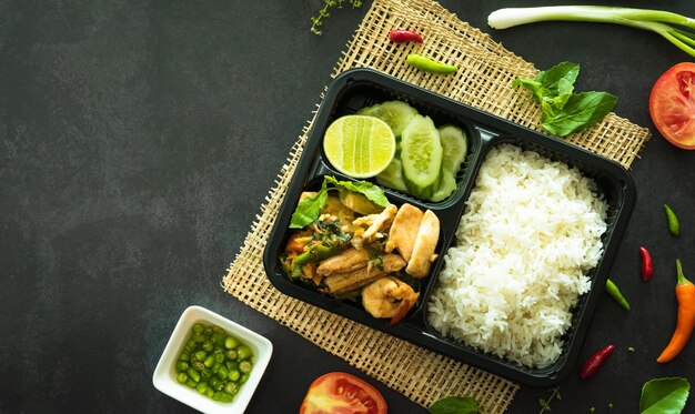 Vista superior de albahaca salteada con mariscos y arroz sobre fondo de piedra oscura Concepto de caja de comida de entrega