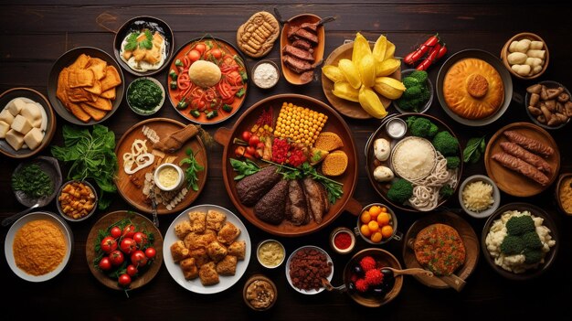 Vista superior de alimentos saludables en la mesa de madera