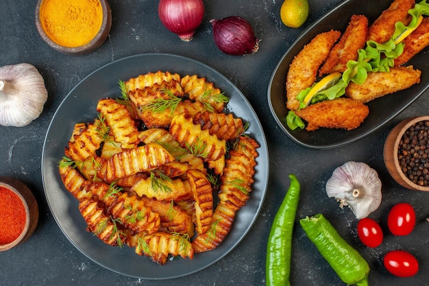 Vista superior de alitas de pollo frito con papas fritas sobre fondo oscuro comida plato comida carne pollo frito cocina foto