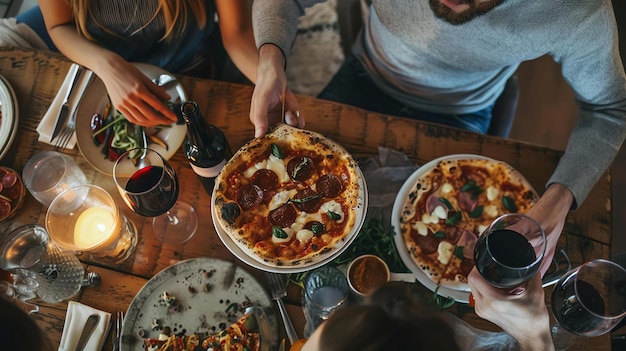 Foto vista superior de amigos compartiendo una comida en una mesa de madera la mesa está puesta con vino, pizza y otros alimentos