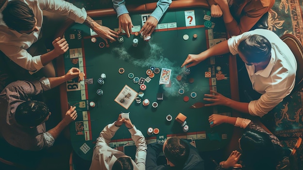 Vista superior de amigos jugando al póquer en una mesa todos están mirando las cartas en sus manos tratando de decidir qué hacer