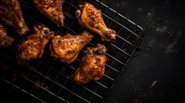 Vista superior de apetitosas alitas de pollo a la parrilla colocadas sobre una rejilla metálica sobre fondo gris