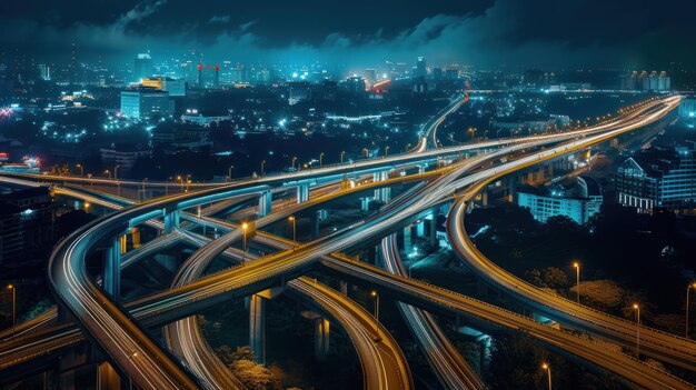 Vista superior de Arial del transporte moderno con Expressway Road y la rotonda del cruce multinivel de la autopista vista superior por la noche