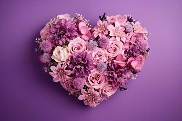 Vista superior arranjo de flores coloridas com forma de coração colocado em fundo roxo.