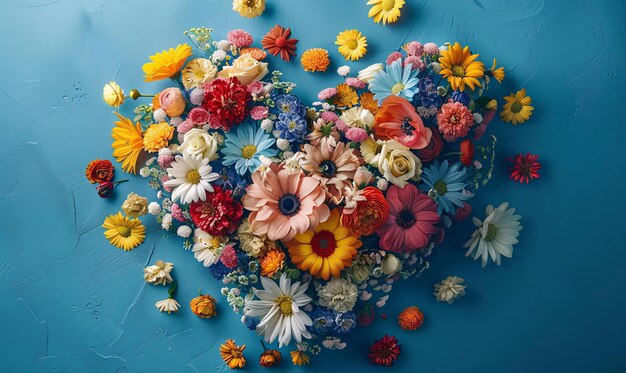 Foto vista superior arreglo de flores coloridas con forma de corazón colocadas en fondo azul ia generativa