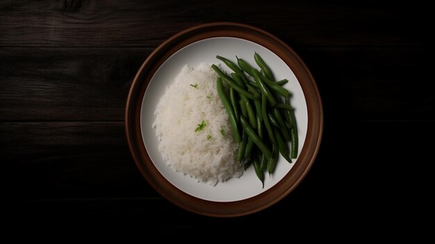 Vista superior arroz cozido com feijão verde no interior