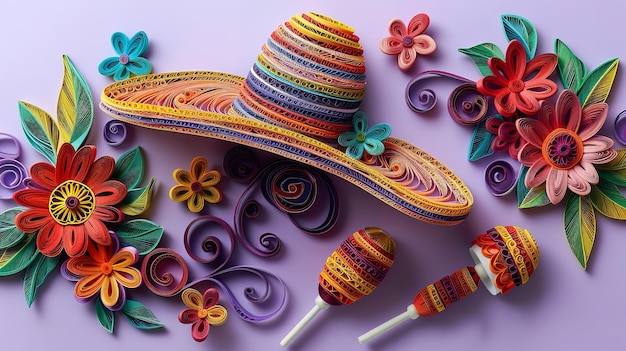 Foto vista superior de un arte de quilling de papel del sombrero mexicano con diferentes tipos de colores vibrantes y gran espacio para texto o publicidad de productos en una superficie púrpura limpia ia generativa