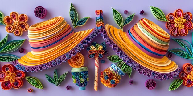 Foto vista superior de un arte de quilling de papel del sombrero mexicano con diferentes tipos de colores vibrantes y gran espacio para texto o publicidad de productos en una superficie púrpura limpia ia generativa