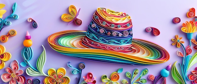 Vista superior de un arte de quilling de papel del sombrero mexicano con diferentes tipos de colores vibrantes y gran espacio para texto o publicidad de productos en una superficie púrpura limpia IA generativa
