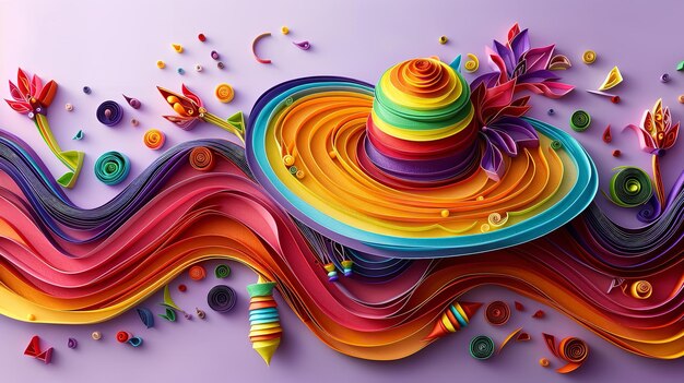 Vista superior de un arte de quilling de papel del sombrero mexicano con diferentes tipos de colores vibrantes y gran espacio para texto o publicidad de productos en una superficie púrpura limpia IA generativa