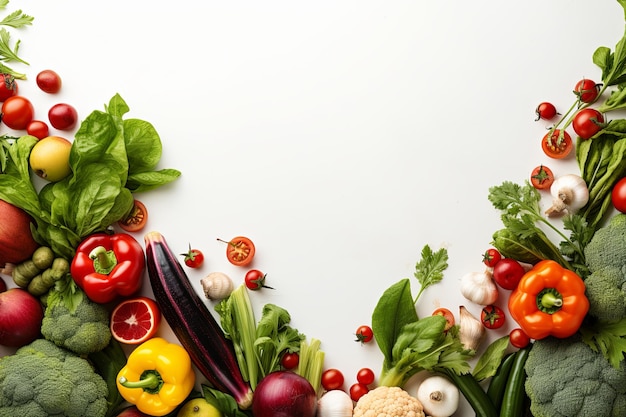 Vista superior Asortimento de verduras frescas orgánicas y alimentos saludables aislados sobre un fondo blanco